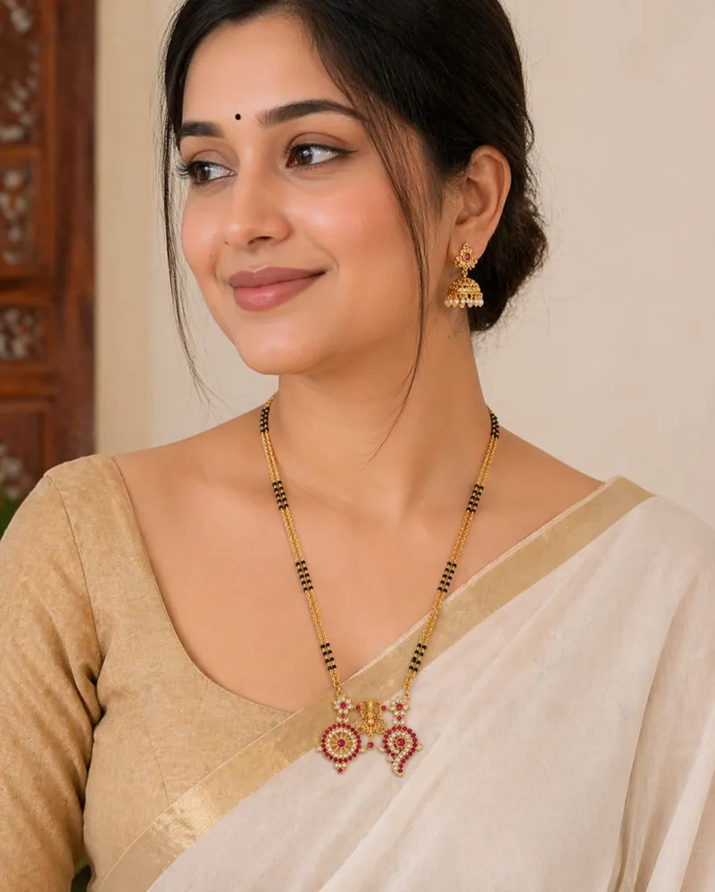 Gold Plated Double Line Mangalsutra with Ruby Pink Stone Traditional Pendant for Women