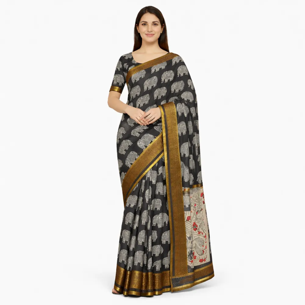 Pure Handloom Chennuri Kalamkari Silk Saree with Nizam Border â€“ Charcoal Black Elephant Motif