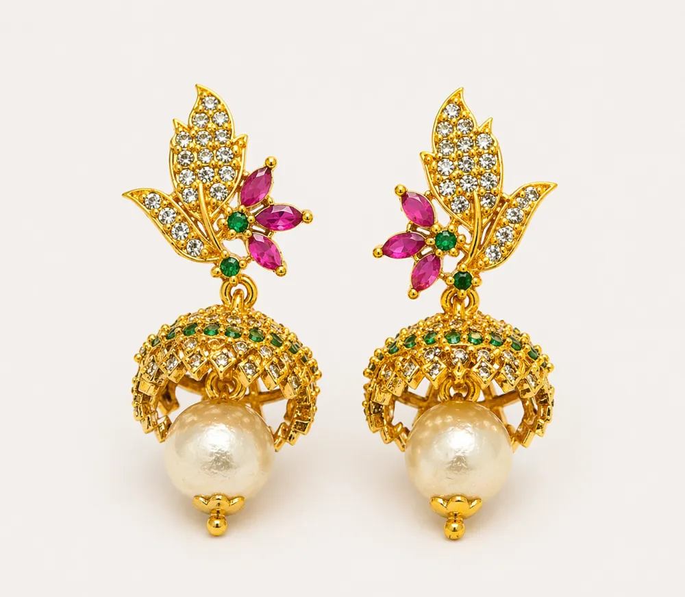 Gold Plated Pearl Jhumka Earrings with Floral Stone Design