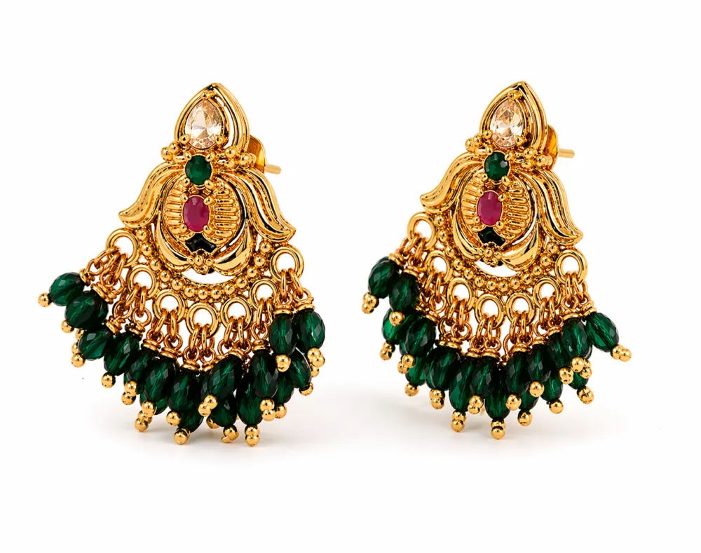 Gold Plated Green Beaded Chandbali Earrings for Women
