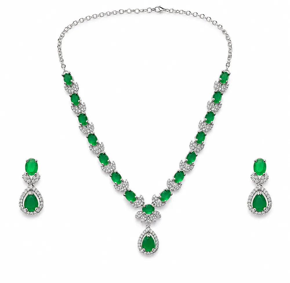 Green Emerald AD Stone Necklace Set with Matching Earrings â€“ Silver Finish