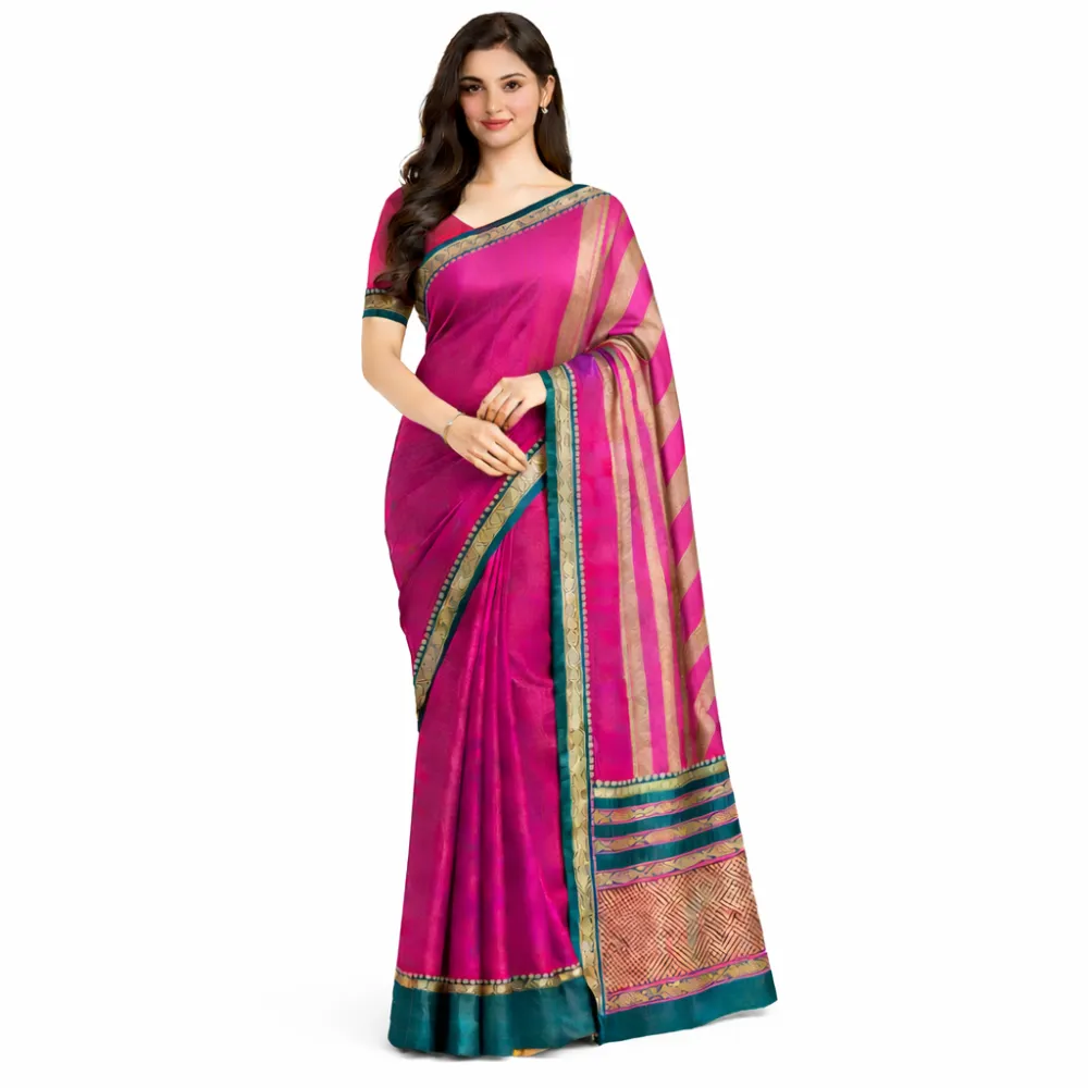Narayanpet Pure Handloom Masraj Cotton Saree â€“ Pink with Teal & Gold Traditional Border