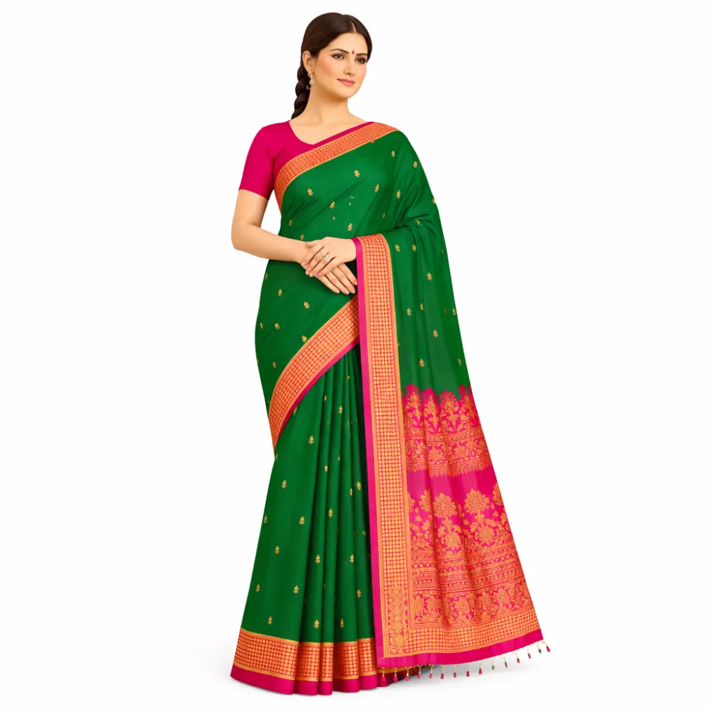 Narayanpet Pure Handloom Masraj Cotton Saree â€“ Green with Pink & Gold Traditional Border