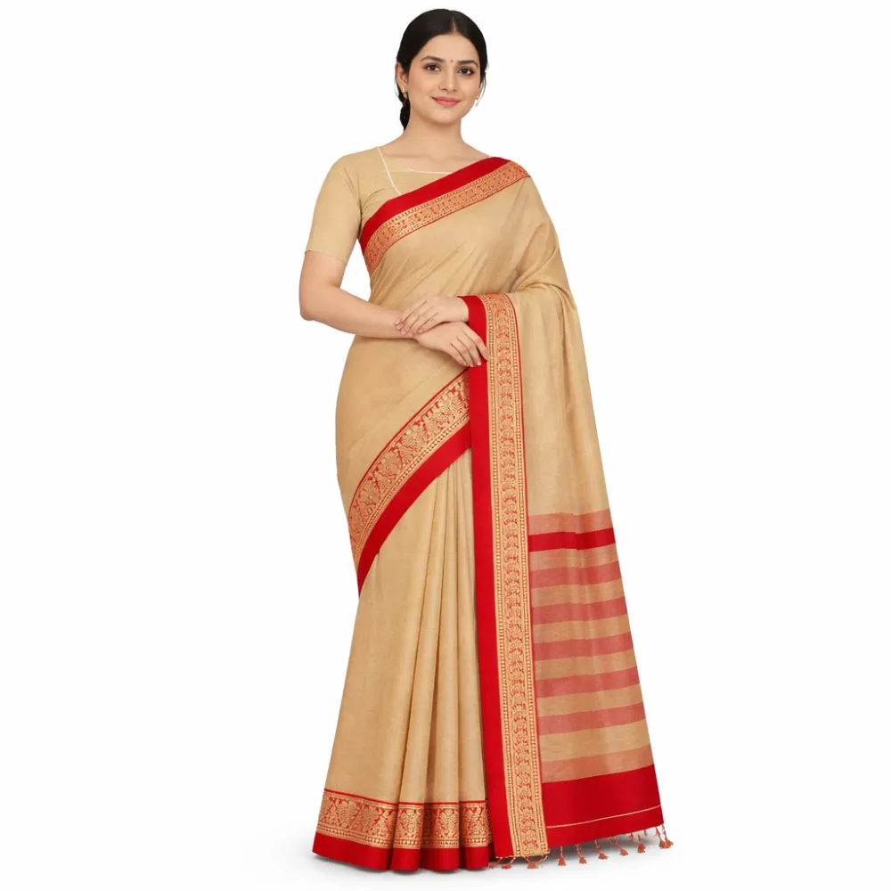 Narayanpet Pure Handloom Masraj Cotton Saree â€“ Beige with Red & Gold Traditional Border