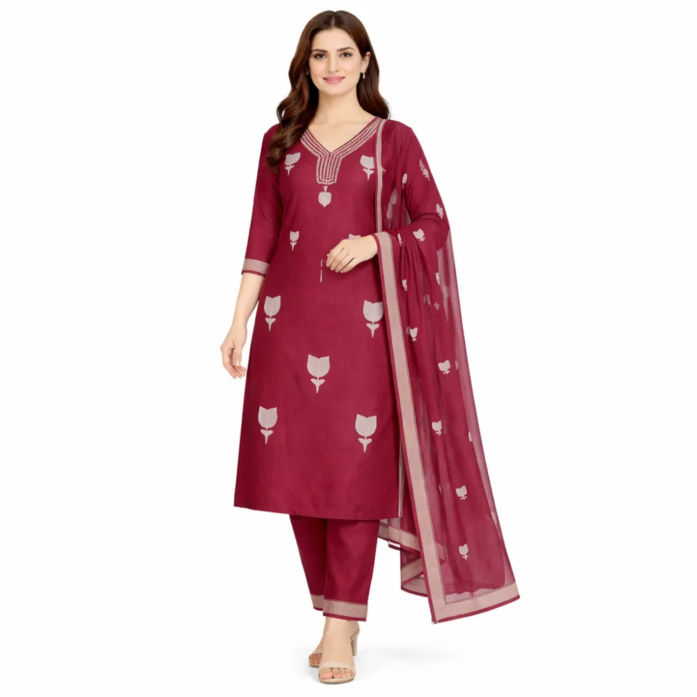 Women's Maroon Cotton Blend Printed Kurta Pant & Dupatta Set