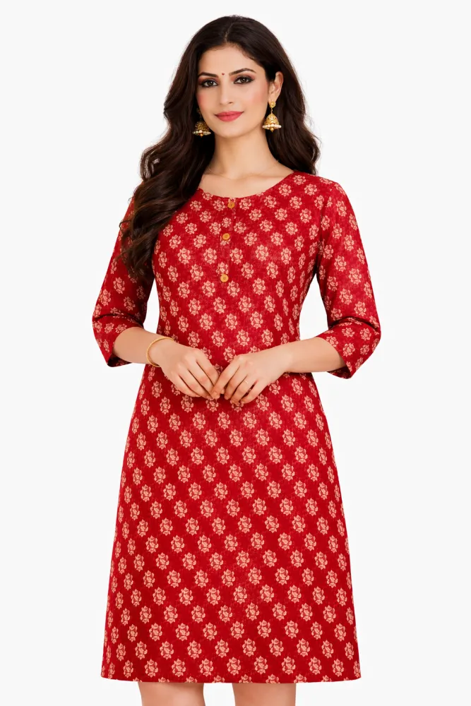 Women's Red Printed Cotton Short Kurti | Above Knee Length | Casual Everyday Wear