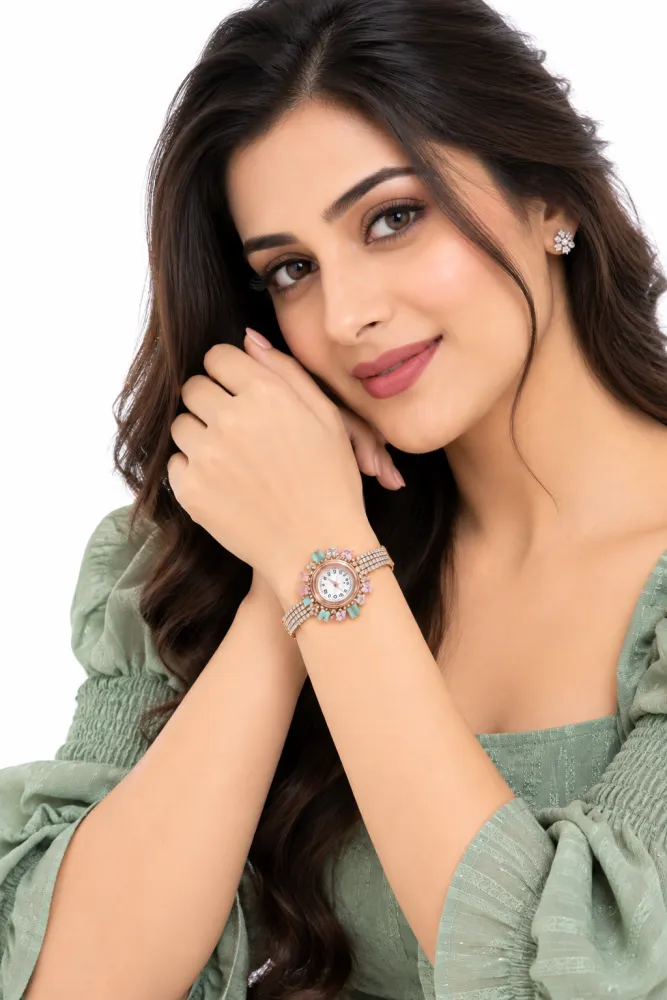 Elegant Rose Gold Crystal Floral Bracelet Watch for Women | Analogue Quartz Designer Watch