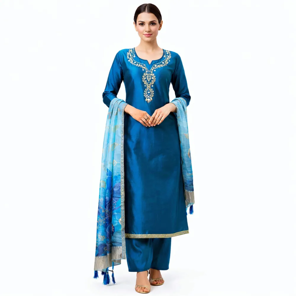 Women's Teal Blue Embroidered Kurta Pant & Printed Dupatta Set | Premium Ethnic Suit