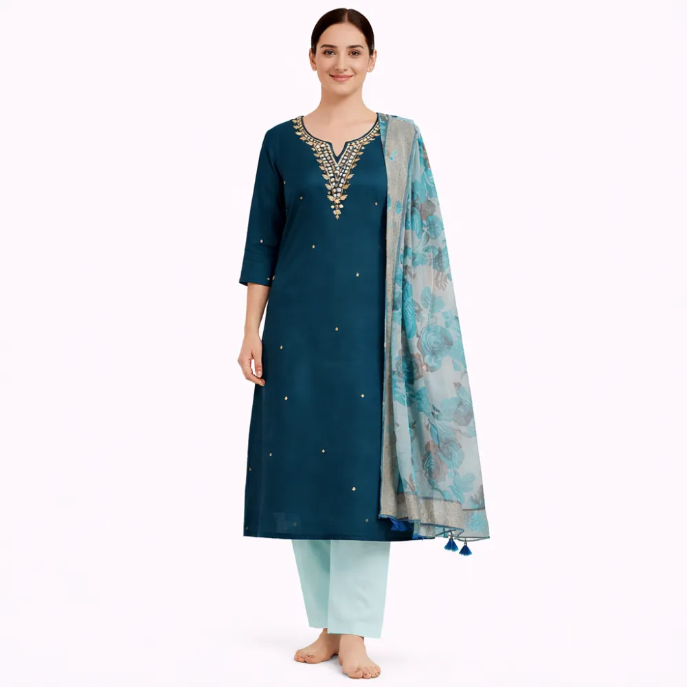Elegant Teal Embroidered Kurta Pant Set with Printed Dupatta for Women