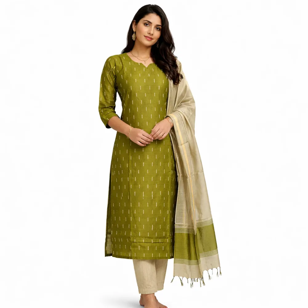 Premium Raw Silk Olive Green Kurta Pant Set with Dupatta for Women