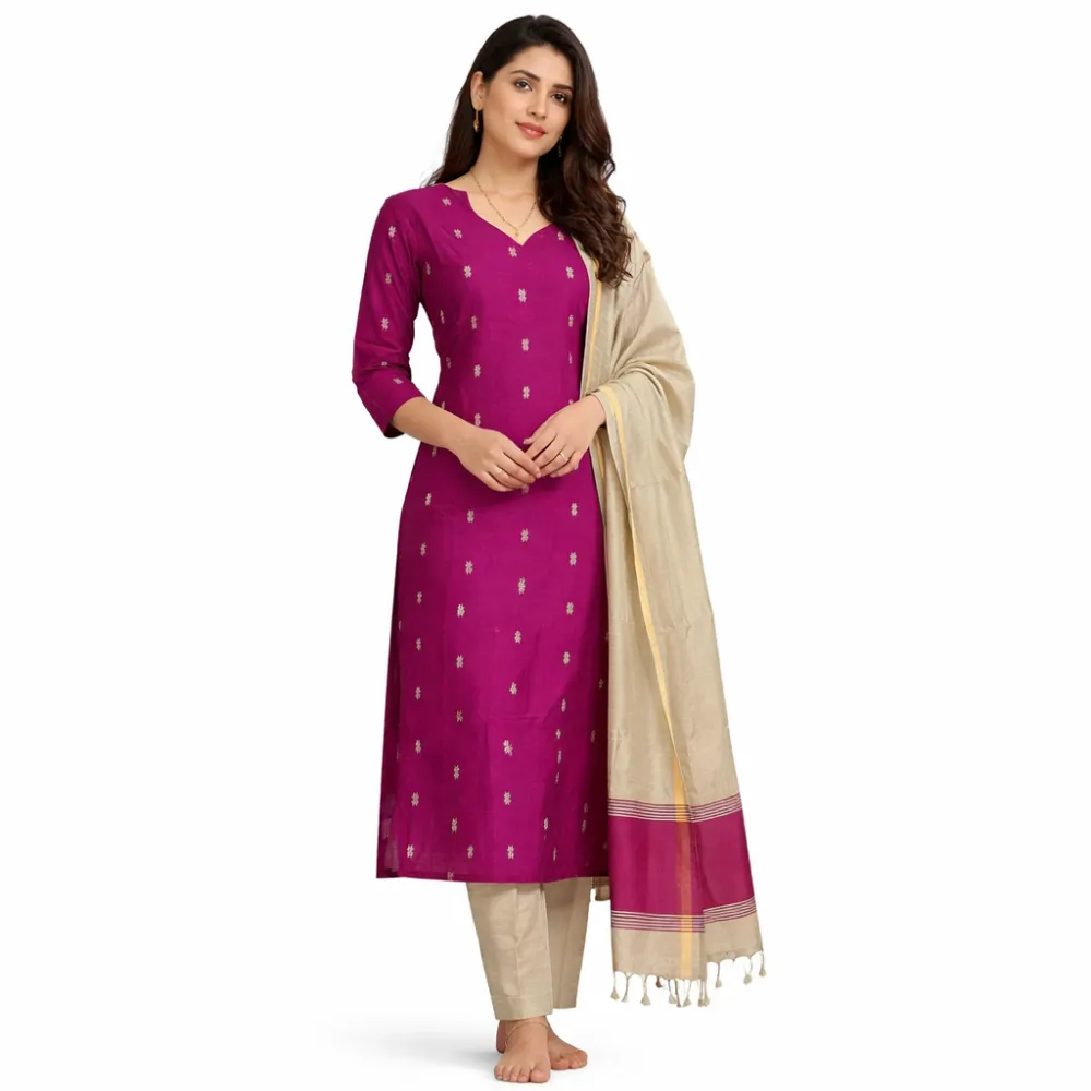 Women's Magenta Raw Silk Straight Cut Kurta Set with Dupatta | Ethnic Wear for Women