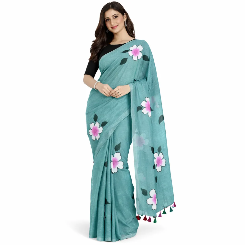 Sea Green Hand-Painted Mulmul Soft Cotton Saree with Running Blouse | Lightweight Summer Saree