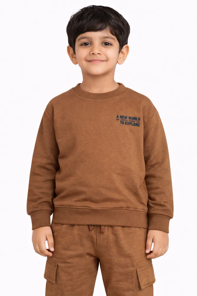 Kids Solid Brown 2-Piece Cotton Winter Wear Set | Sweatshirt & Jogger | 200 GSM