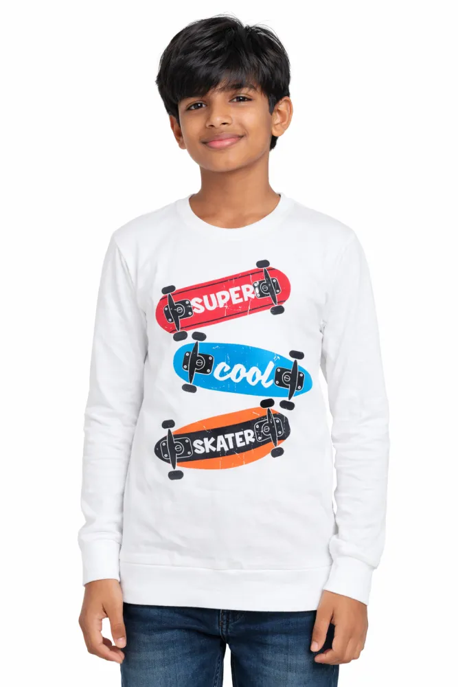 Kids White Cotton Graphic Print T-Shirt | Round Neck Casual Wear | Ages 9–16 Years
