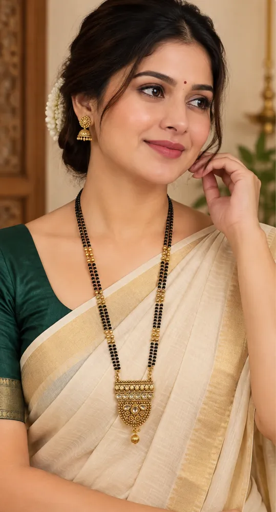 Double Layer Black Bead Mangalsutra with Traditional Stone Pendant
